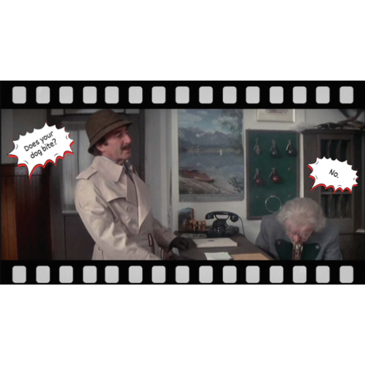 Inspector Clouseau asks a hotel clerk if his dog bites, setting up the not my dog accessibility metaphor.